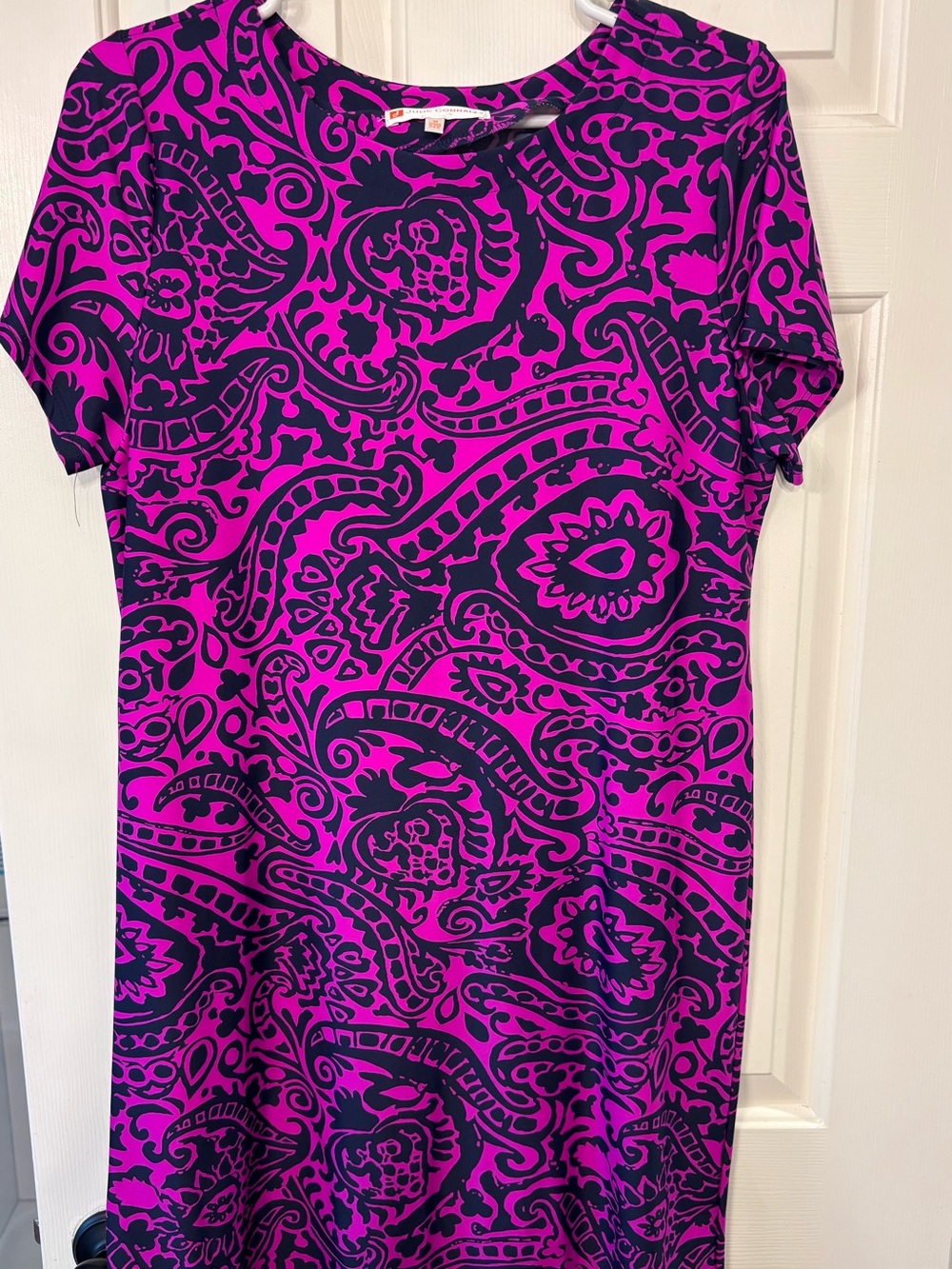 Jude Connelly Women's Short Sleeve Paisley Sheath Dress in Fuchsia and Navy